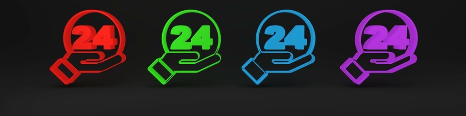 Fototapeta premium Colorful Telephone 24 hours support icon isolated on black background. All-day customer support call-center. Full time call services. Minimalism concept. 3D render illustration