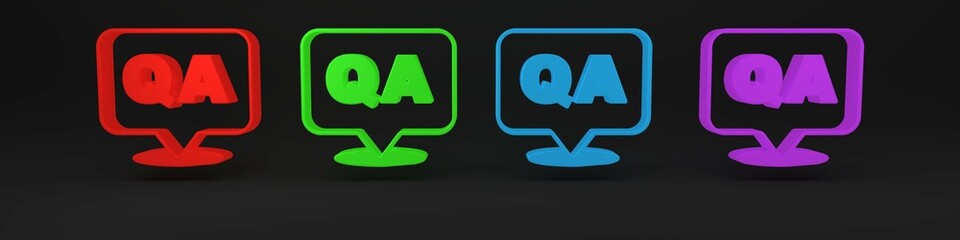 Colorful Speech bubbles with Question and Answer icon isolated on black background. Q and A symbol. FAQ sign. Chat speech bubble and chart. Minimalism concept. 3D render illustration