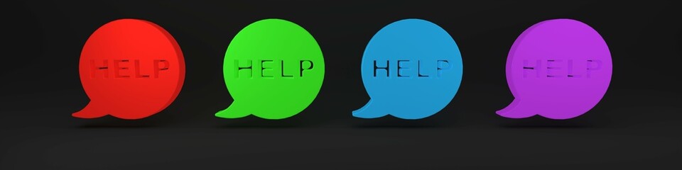 Colorful Speech bubble with text Help icon isolated on black background. Minimalism concept. 3D render illustration