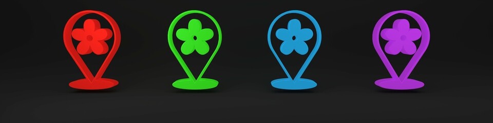 Colorful Location with flower icon isolated on black background. Minimalism concept. 3D render illustration