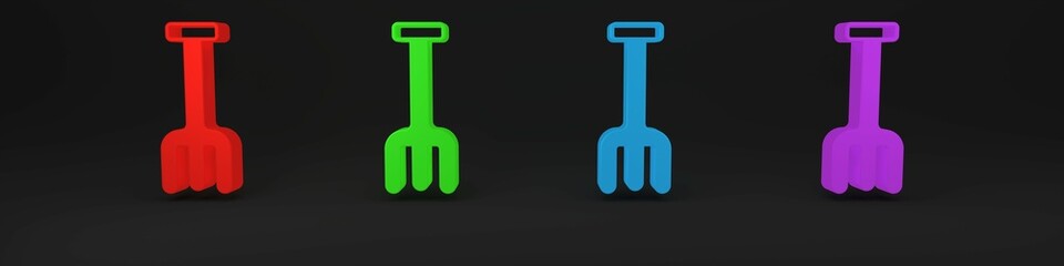 Colorful Garden rake icon isolated on black background. Tool for horticulture, agriculture, farming. Ground cultivator. Housekeeping equipment. Minimalism concept. 3D render illustration