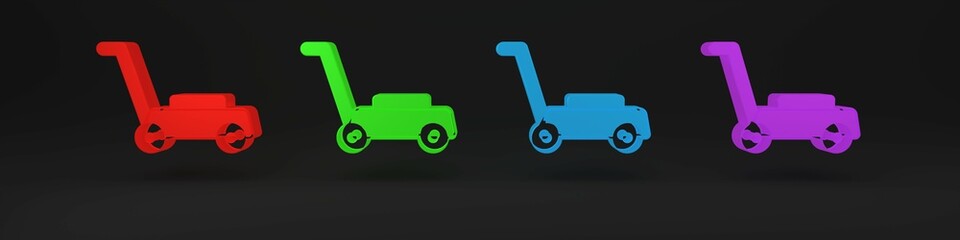 Colorful Lawn mower icon isolated on black background. Lawn mower cutting grass. Minimalism concept. 3D render illustration