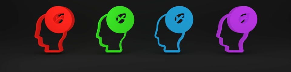 Colorful Human head with leaf inside icon isolated on black background. Minimalism concept. 3D render illustration