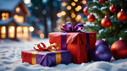 Christmas tree with boxes. Christmas background with gift boxes and balls.