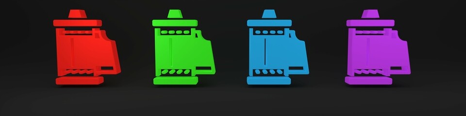 Colorful Camera vintage film roll cartridge icon isolated on black background. 35mm film canister. Filmstrip photographer equipment. Minimalism concept. 3D render illustration