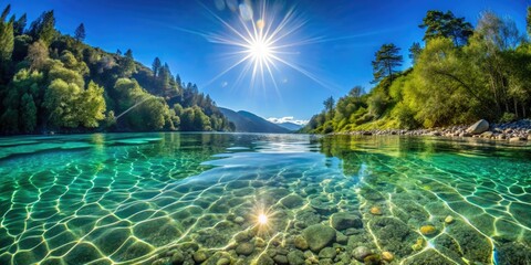 Obraz premium Clear water mirrors the sun's radiant beams, unveiling the secrets within, a mesmerizing dance of light and depth.