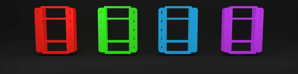 Colorful Play Video icon isolated on black background. Film strip sign. Minimalism concept. 3D render illustration