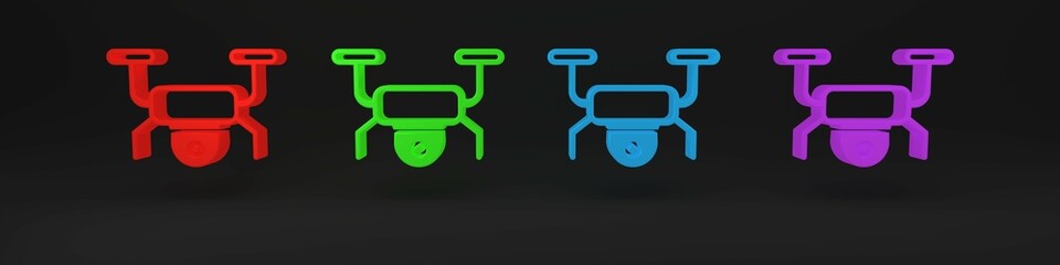 Colorful Drone flying icon isolated on black background. Quadrocopter with video and photo camera symbol. Minimalism concept. 3D render illustration