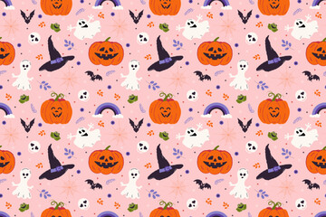 Colorful Halloween drawing with ghosts, bat, pumpkins, hat, rainbow, spider web, skull on a pink background.