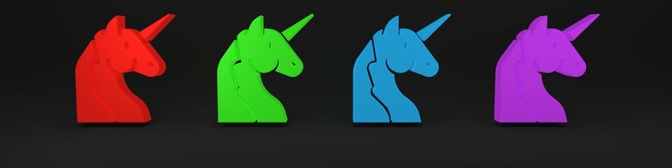 Colorful Unicorn icon isolated on black background. Minimalism concept. 3D render illustration