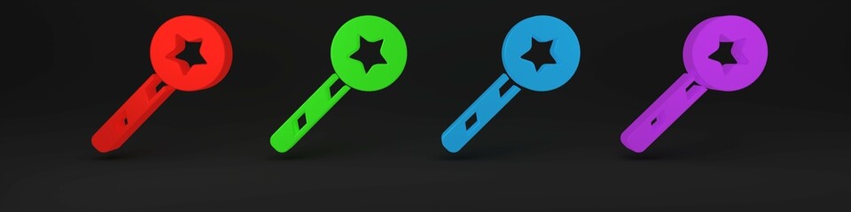 Colorful Magic wand icon isolated on black background. Star shape magic accessory. Magical power. Minimalism concept. 3D render illustration