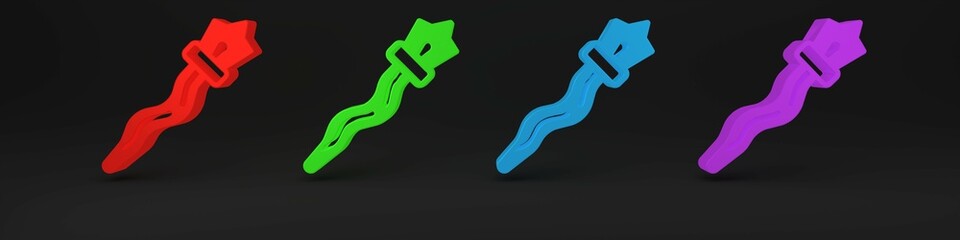 Colorful Magic staff icon isolated on black background. Magic wand, scepter, stick, rod. Minimalism concept. 3D render illustration