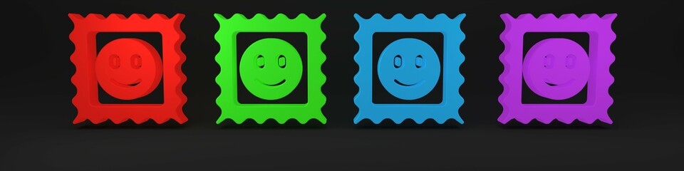 Colorful LSD acid mark icon isolated on black background. Acid narcotic. Postmark. Postage stamp. Health danger. Minimalism concept. 3D render illustration