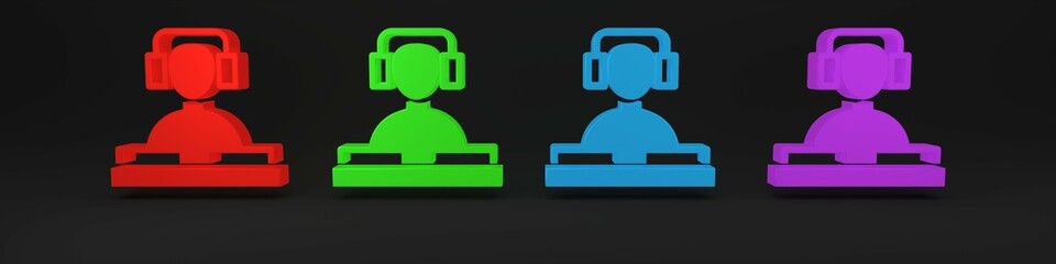 Colorful DJ wearing headphones in front of record decks icon isolated on black background. DJ playing music. Minimalism concept. 3D render illustration