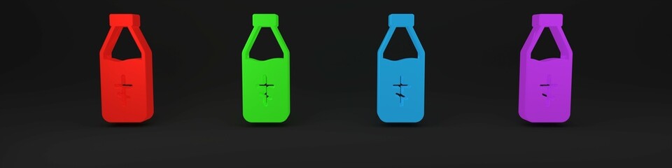 Colorful Holy water bottle icon isolated on black background. Glass flask with magic liquid. Minimalism concept. 3D render illustration