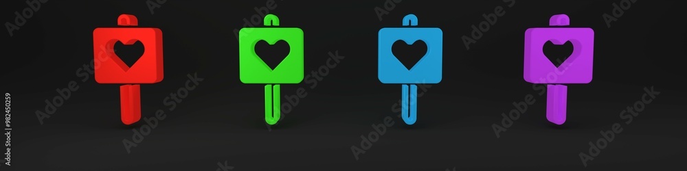 Poster colorful map pointer with heart icon isolated on black background. valentines day. love location. ro
