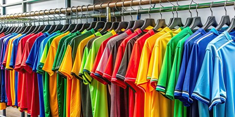 Colorful goalkeeper soccer jerseys displayed on a hanger rack in a sportswear store