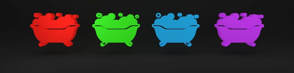 Colorful Bathtub with foam bubbles inside icon isolated on black background. Minimalism concept. 3D render illustration