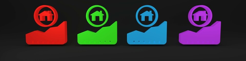 Colorful Rising cost of housing icon isolated on black background. Rising price of real estate. Residential graph increases. Minimalism concept. 3D render illustration