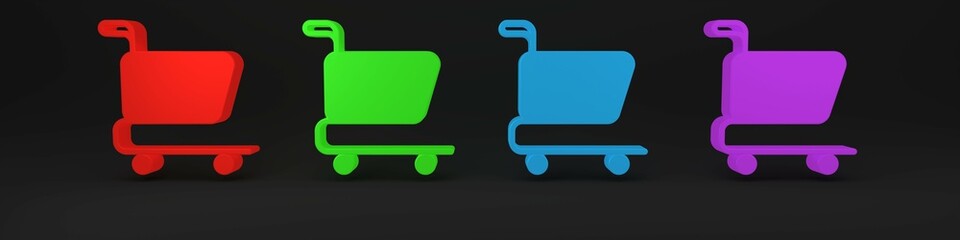 Colorful Shopping cart icon isolated on black background. Online buying concept. Delivery service sign. Supermarket basket symbol. Minimalism concept. 3D render illustration