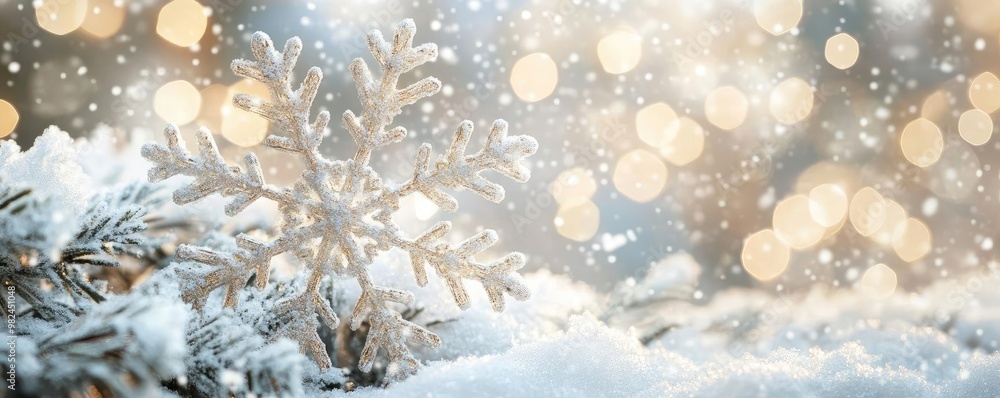 Poster A beautiful snowflake resting on a bed of snow, surrounded by shimmering bokeh lights, creating a magical winter scene.