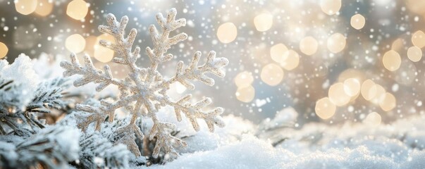 A beautiful snowflake resting on a bed of snow, surrounded by shimmering bokeh lights, creating a magical winter scene.