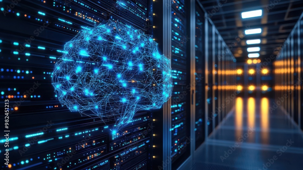 Poster a digital brain symbolizing artificial intelligence in a high-tech server room, showcasing the futur
