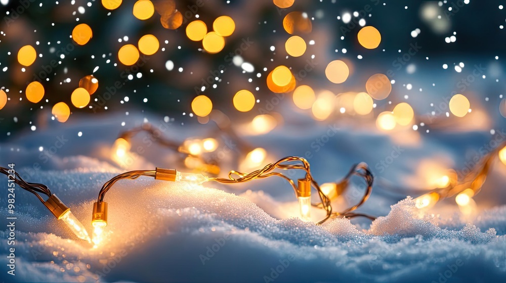 Poster twinkling fairy lights adorn the snowy ground, creating a magical winter atmosphere with a soft glow