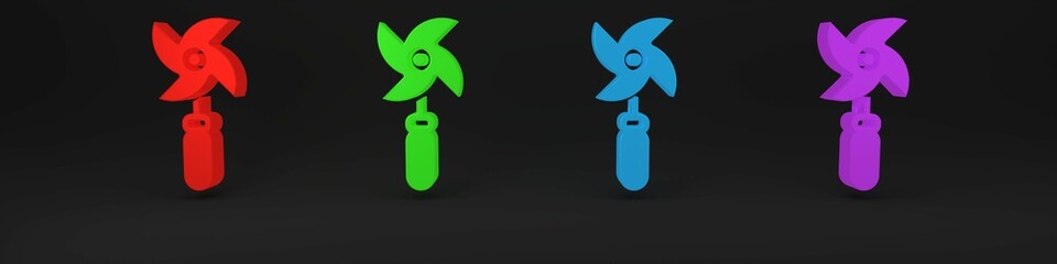 Colorful Pinwheel toy icon isolated on black background. Windmill toy icon. Minimalism concept. 3D render illustration
