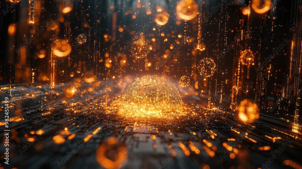 Poster a mesmerizing digital scene featuring glowing particles and intricate patterns, perfect for technolo