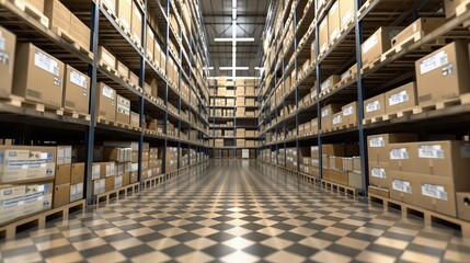 A 3D mockup of a warehouse interior filled with towering shelves of labeled cardboard boxes ready for shipment.