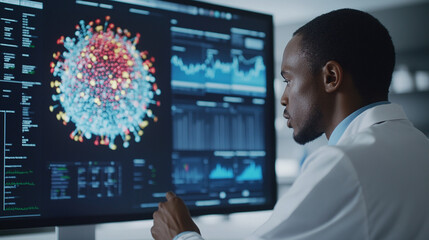 Medical researcher analyzing disease data on a large screen with graphs, statistics, and maps indicating the spread of a virus, showcasing global health trends and virus outbreak tracking.