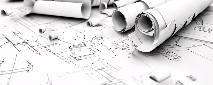 Architect's Blueprint with Rolled Up Plans.