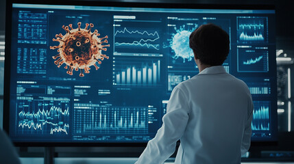 Medical researcher analyzing disease data on a large screen with graphs, statistics, and maps indicating the spread of a virus, showcasing global health trends and virus outbreak tracking.