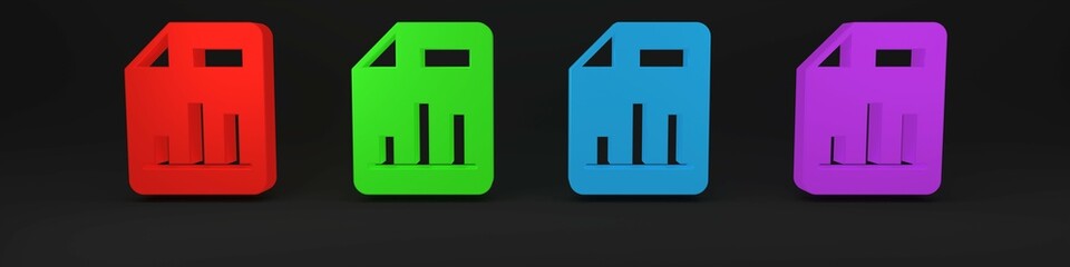 Obraz premium Colorful Document with graph chart icon isolated on black background. Report text file icon. Accounting sign. Audit, analysis, planning. Minimalism concept. 3D render illustration