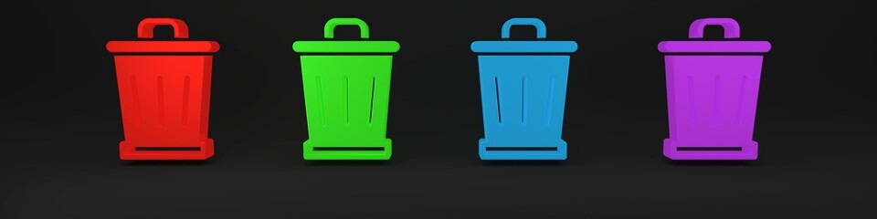 Colorful Trash can icon isolated on black background. Garbage bin sign. Recycle basket icon. Office trash icon. Minimalism concept. 3D render illustration