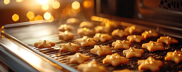 Freshly baked star-shaped cookies warming in the oven, perfect for festive celebrations and holiday gatherings.