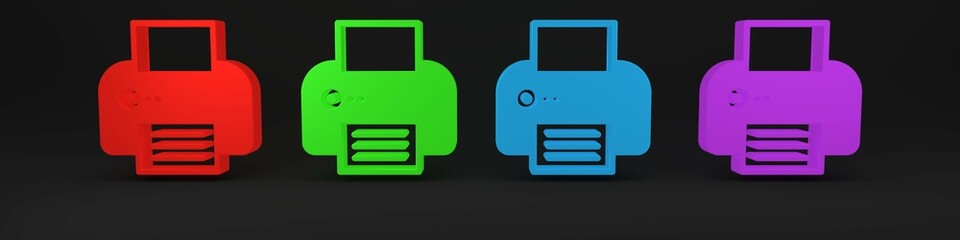 Colorful Printer icon isolated on black background. Minimalism concept. 3D render illustration