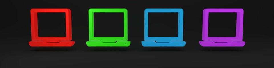 Colorful Laptop icon isolated on black background. Computer notebook with empty screen sign. Minimalism concept. 3D render illustration