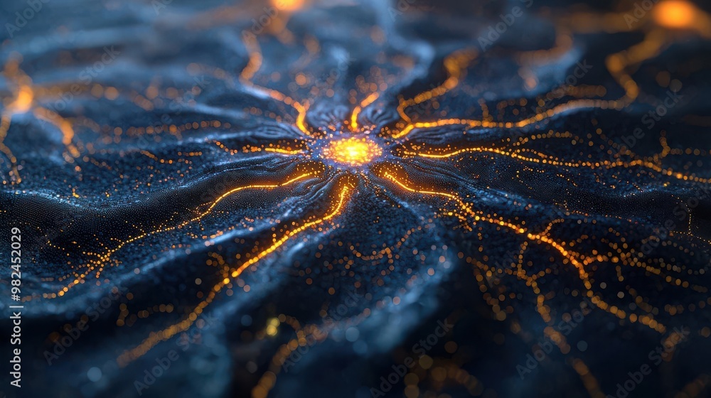 Poster abstract visual of glowing lines emanating from a central point against a dark background, symbolizi