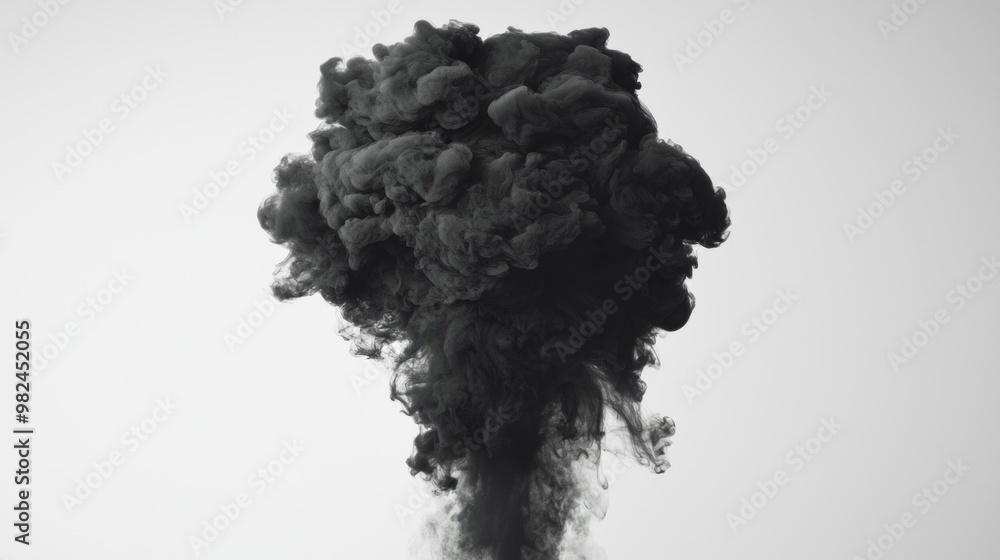 Poster a mesmerizing display of dense black smoke twists and curls against a clean white backdrop, showcasi