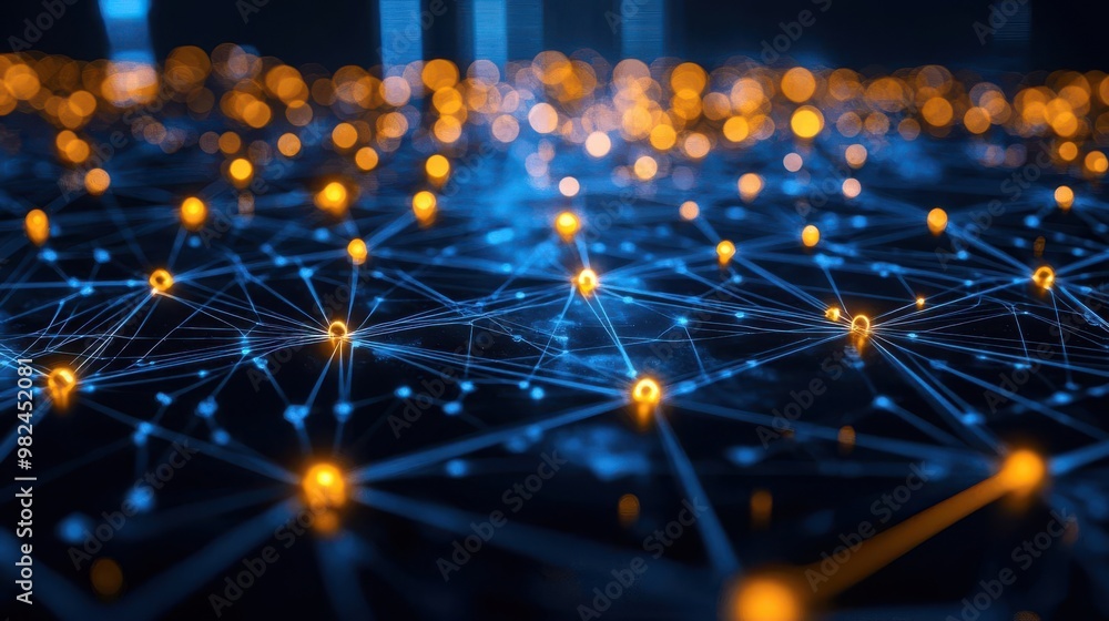 Poster an abstract network of glowing connections with blue and orange lights representing data flow and di