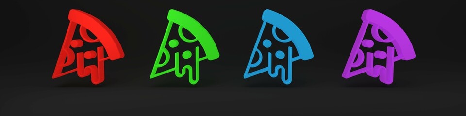 Colorful Slice of pizza icon isolated on black background. Fast food menu. Minimalism concept. 3D render illustration