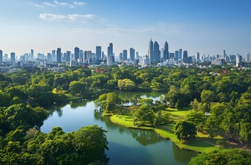 Obraz premium Urban skyline with lush green park and water.