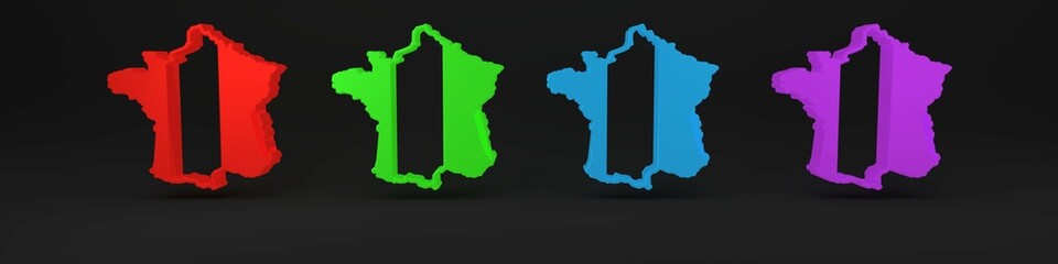 Colorful Map of France icon isolated on black background. Minimalism concept. 3D render illustration
