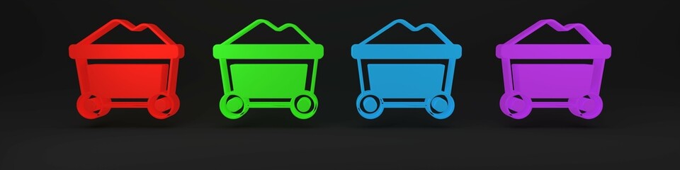 Colorful Mine cart with gold icon isolated on black background. Minimalism concept. 3D render illustration