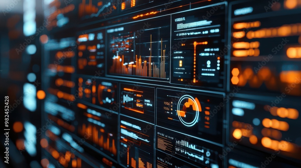 Aufkleber futuristic interface featuring digital analytics, graphs, and data visualizations in vibrant orange 