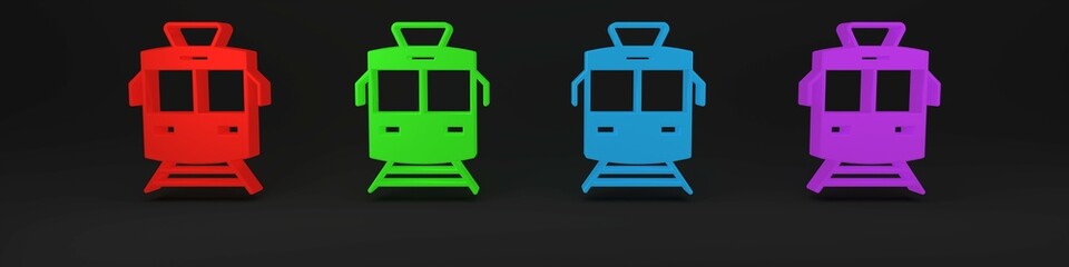 Colorful Tram and railway icon isolated on black background. Public transportation symbol. Minimalism concept. 3D render illustration