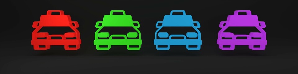 Colorful Taxi car icon isolated on black background. Minimalism concept. 3D render illustration