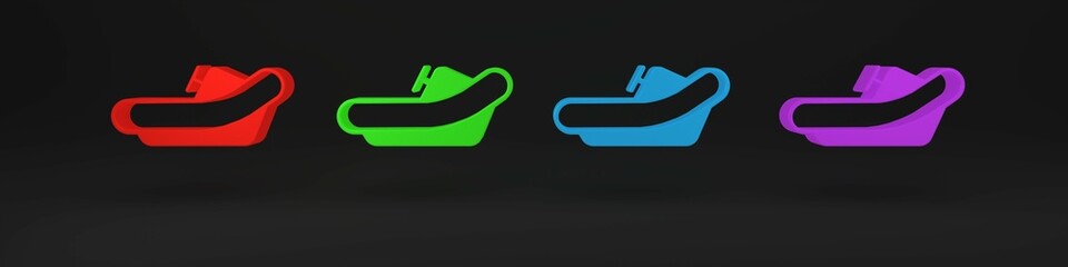 Colorful Rafting boat icon isolated on black background. Inflatable boat with paddles. Water sports, extreme sports, holiday, vacation. Minimalism concept. 3D render illustration